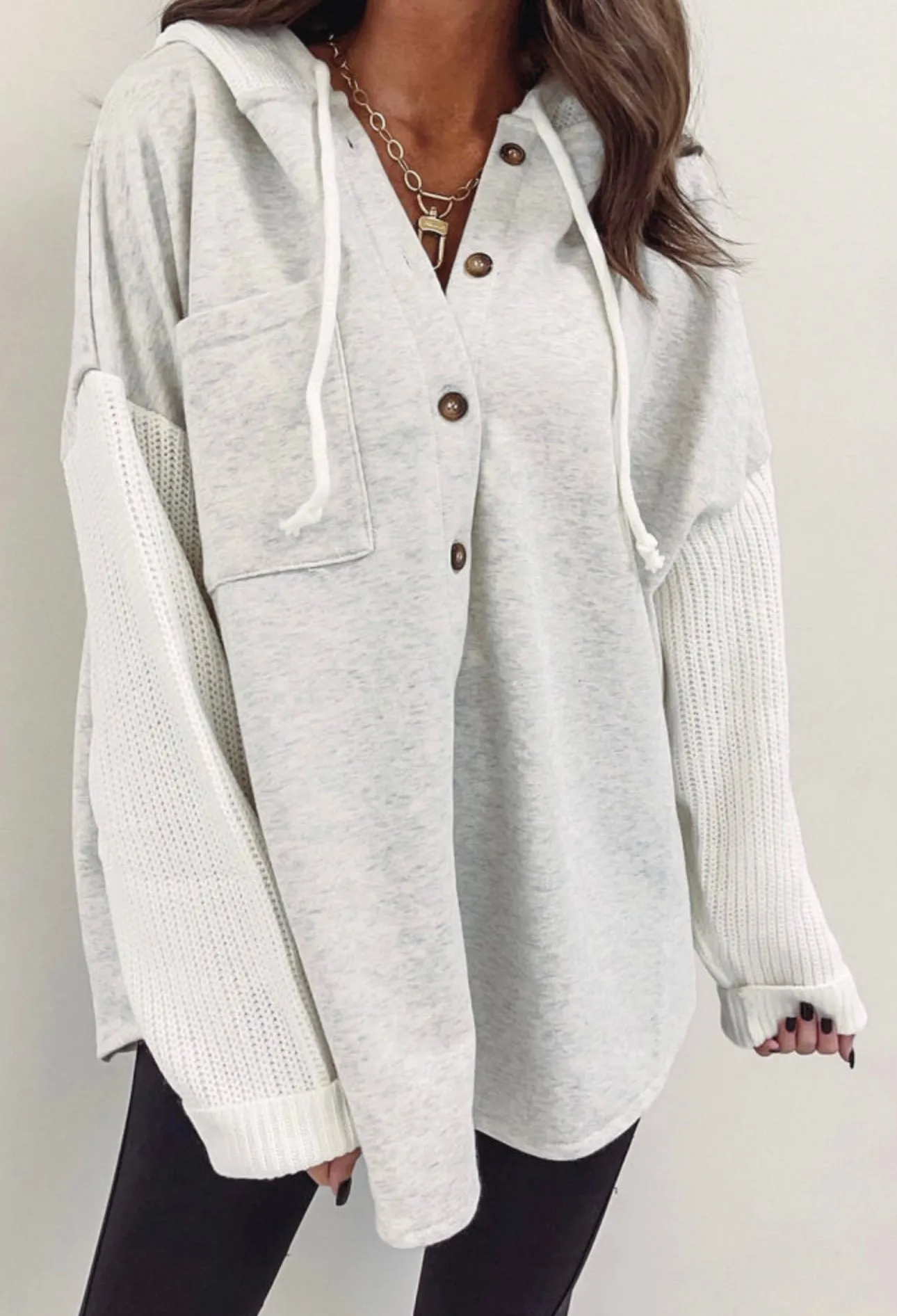 Grey Button Up Contrast Oversized Hooded Sweater