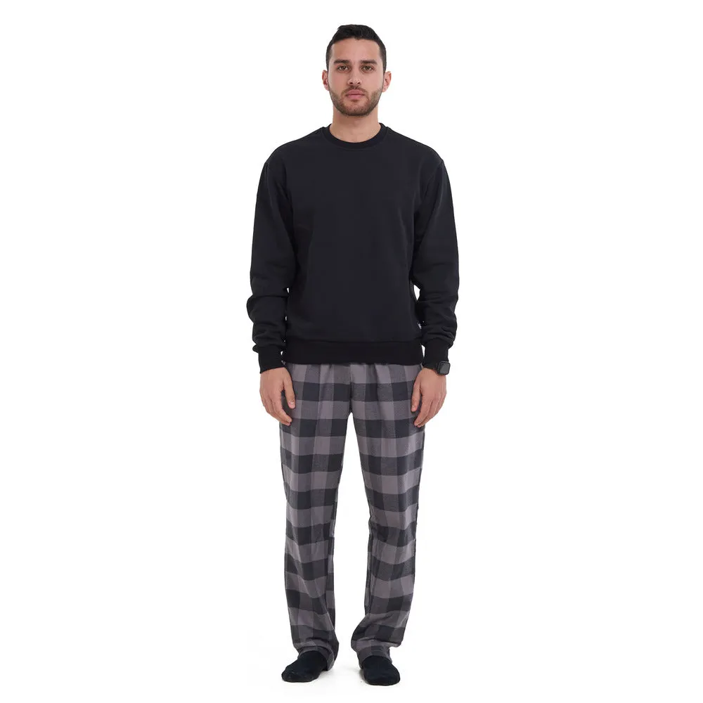 Men Winter Pajama Set Black sweatshirt   Dark Grey x Light Grey Checkered Pants