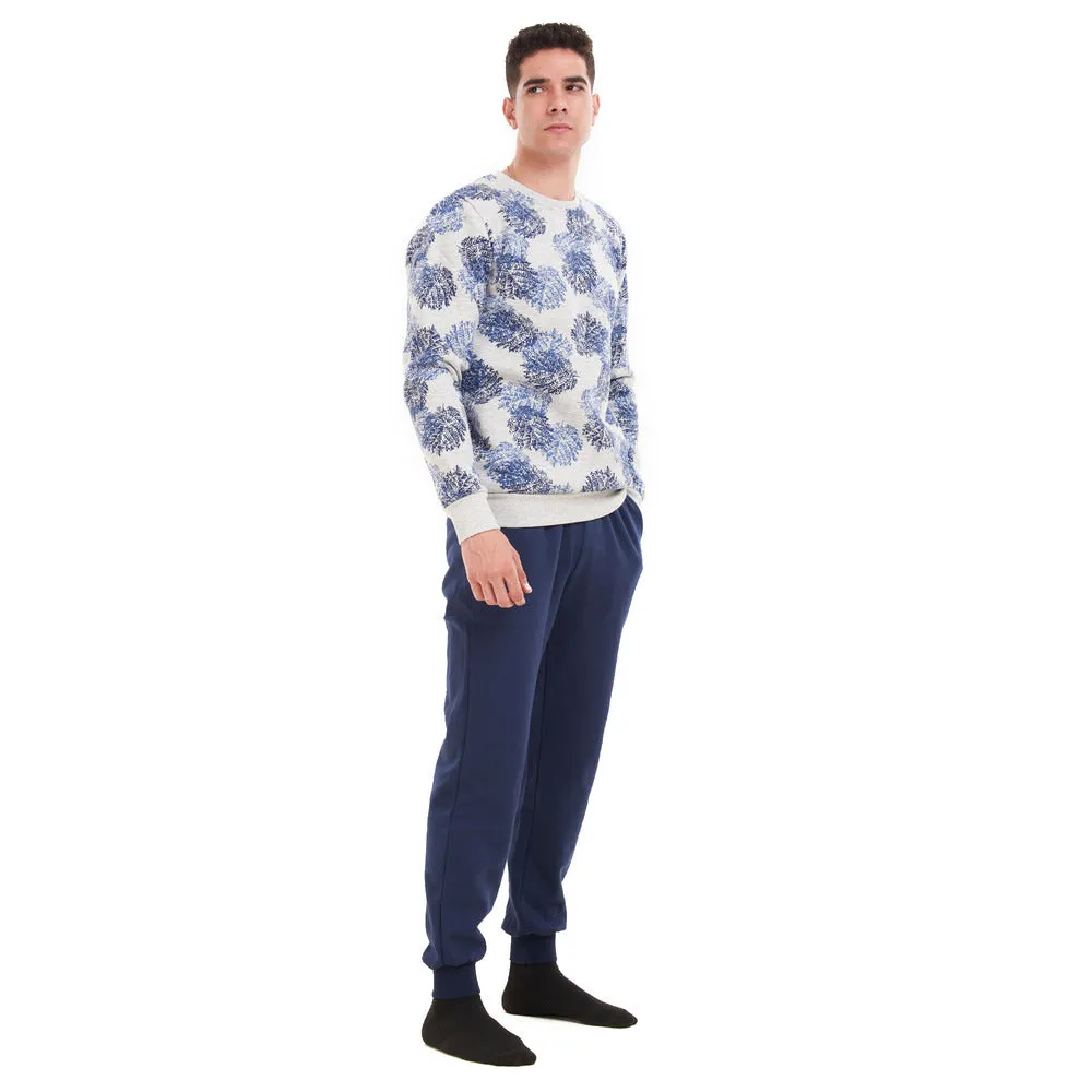 Men Winter Pajama Set Grey with Dark blue leaves sweatshirt Dark blue Pants