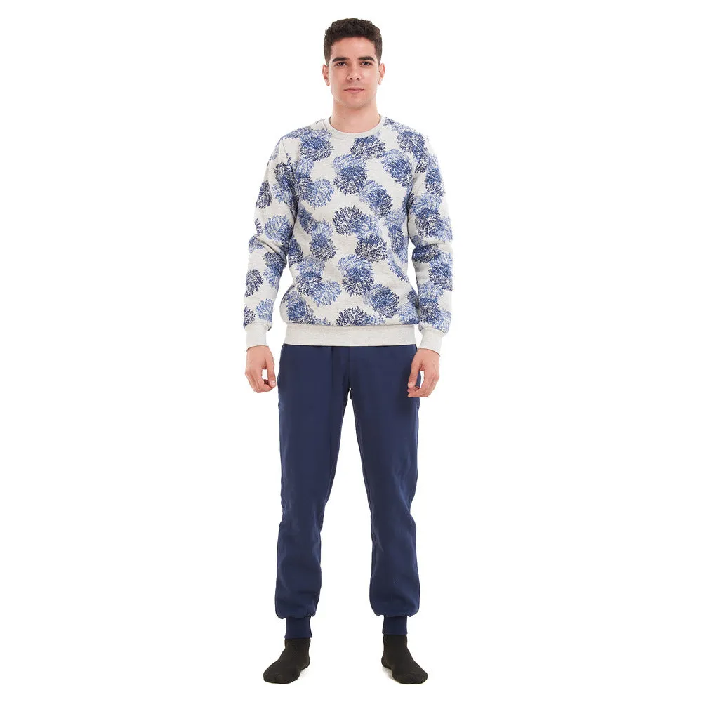 Men Winter Pajama Set Grey with Dark blue leaves sweatshirt Dark blue Pants
