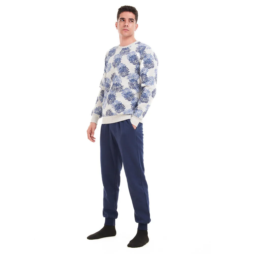 Men Winter Pajama Set Grey with Dark blue leaves sweatshirt Dark blue Pants