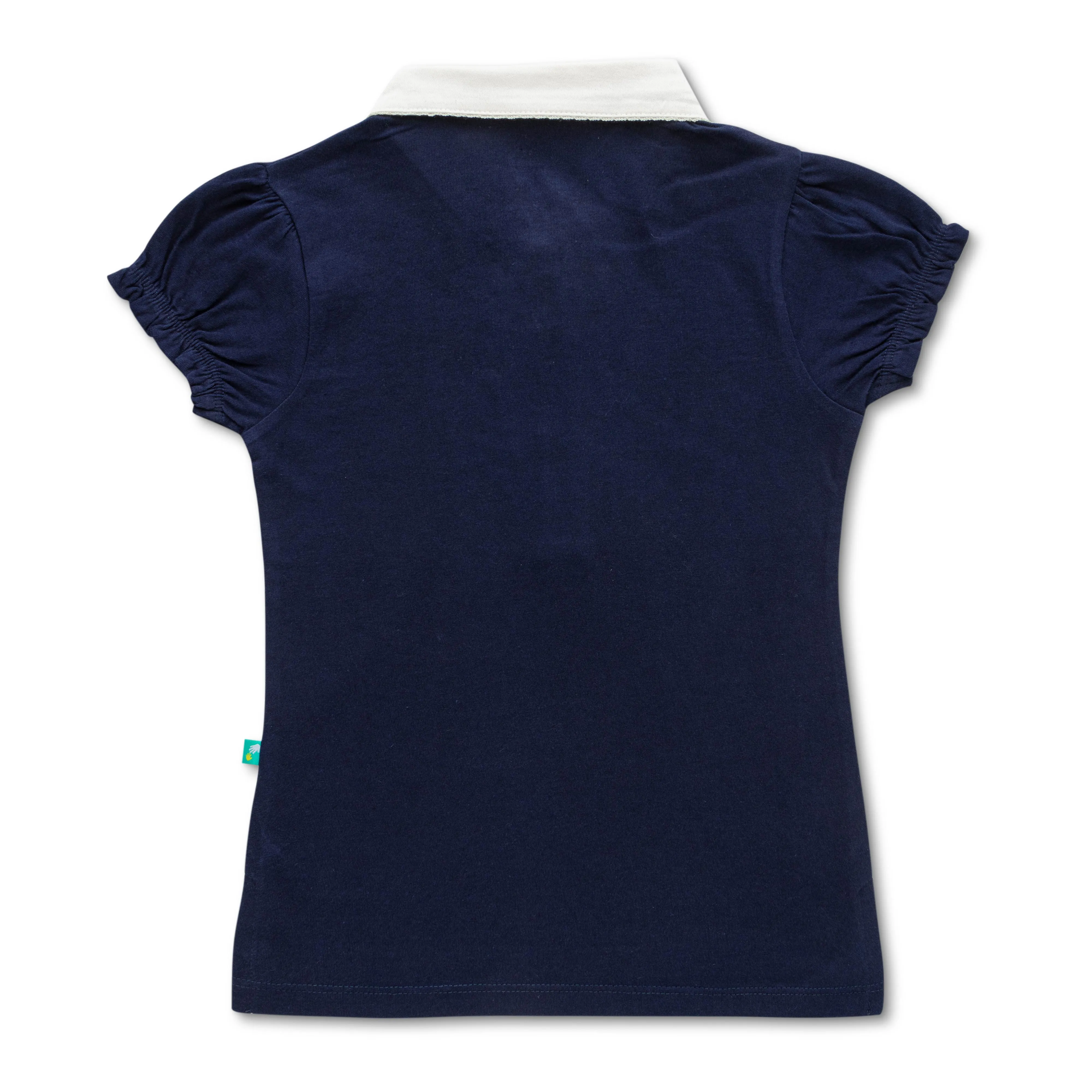 "Girls' Navy Blue Solid Polo T-Shirt with Ruffled Button Placket , White Collar & Embroidered Logo"