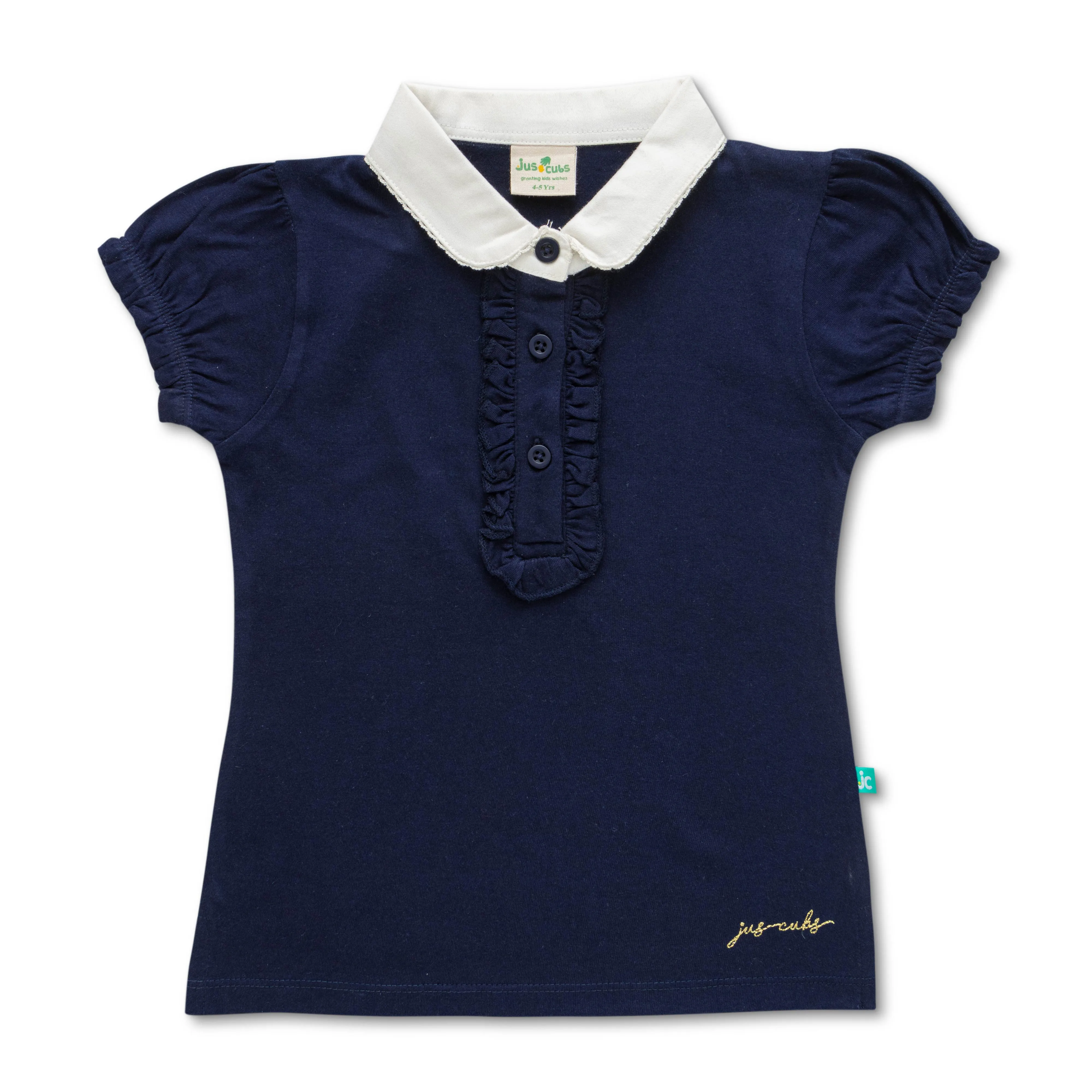 "Girls' Navy Blue Solid Polo T-Shirt with Ruffled Button Placket , White Collar & Embroidered Logo"