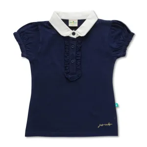 "Girls' Navy Blue Solid Polo T-Shirt with Ruffled Button Placket , White Collar & Embroidered Logo"