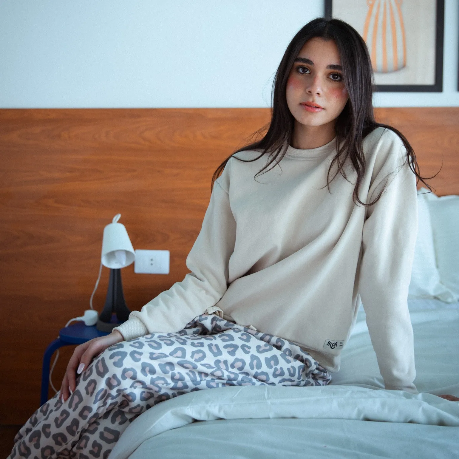 Women Winter Pajama Set Beige Sweatshirt   Pastel Leopard Pants