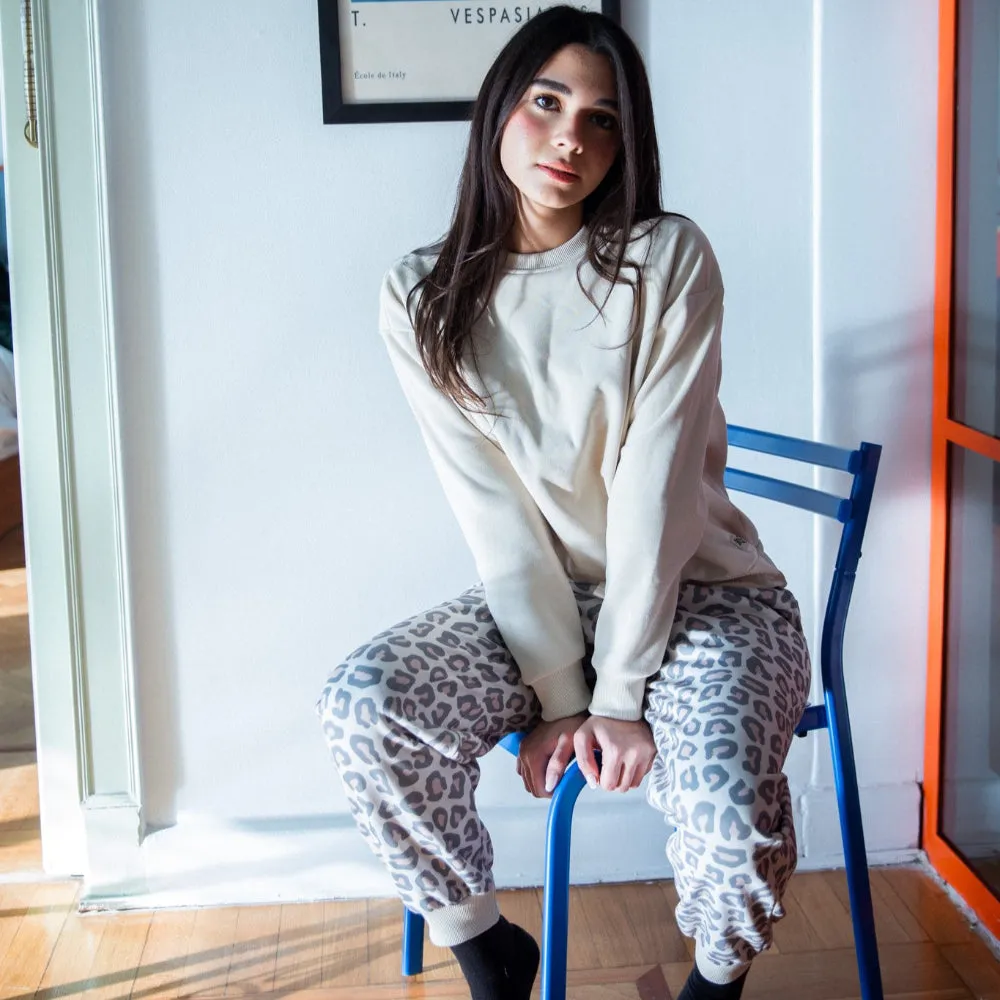 Women Winter Pajama Set Beige Sweatshirt   Pastel Leopard Pants