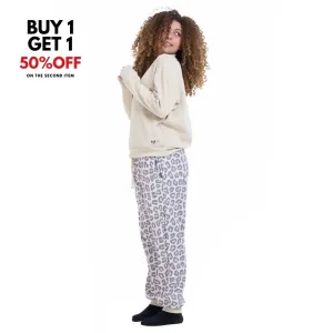 Women Winter Pajama Set Beige Sweatshirt   Pastel Leopard Pants