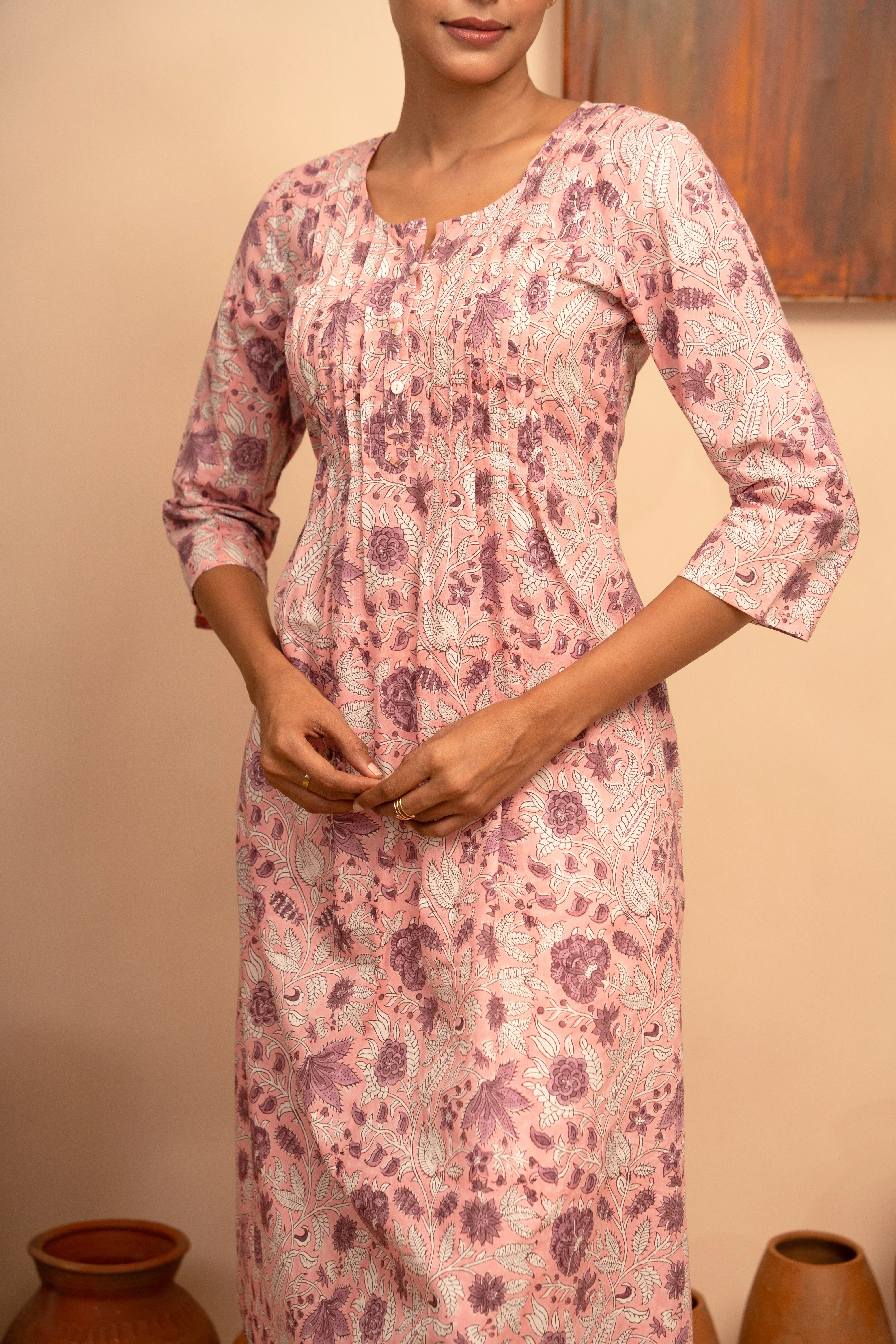 Womens Cotton Block-Printed Pintuck Detail Kurta - Arya collection