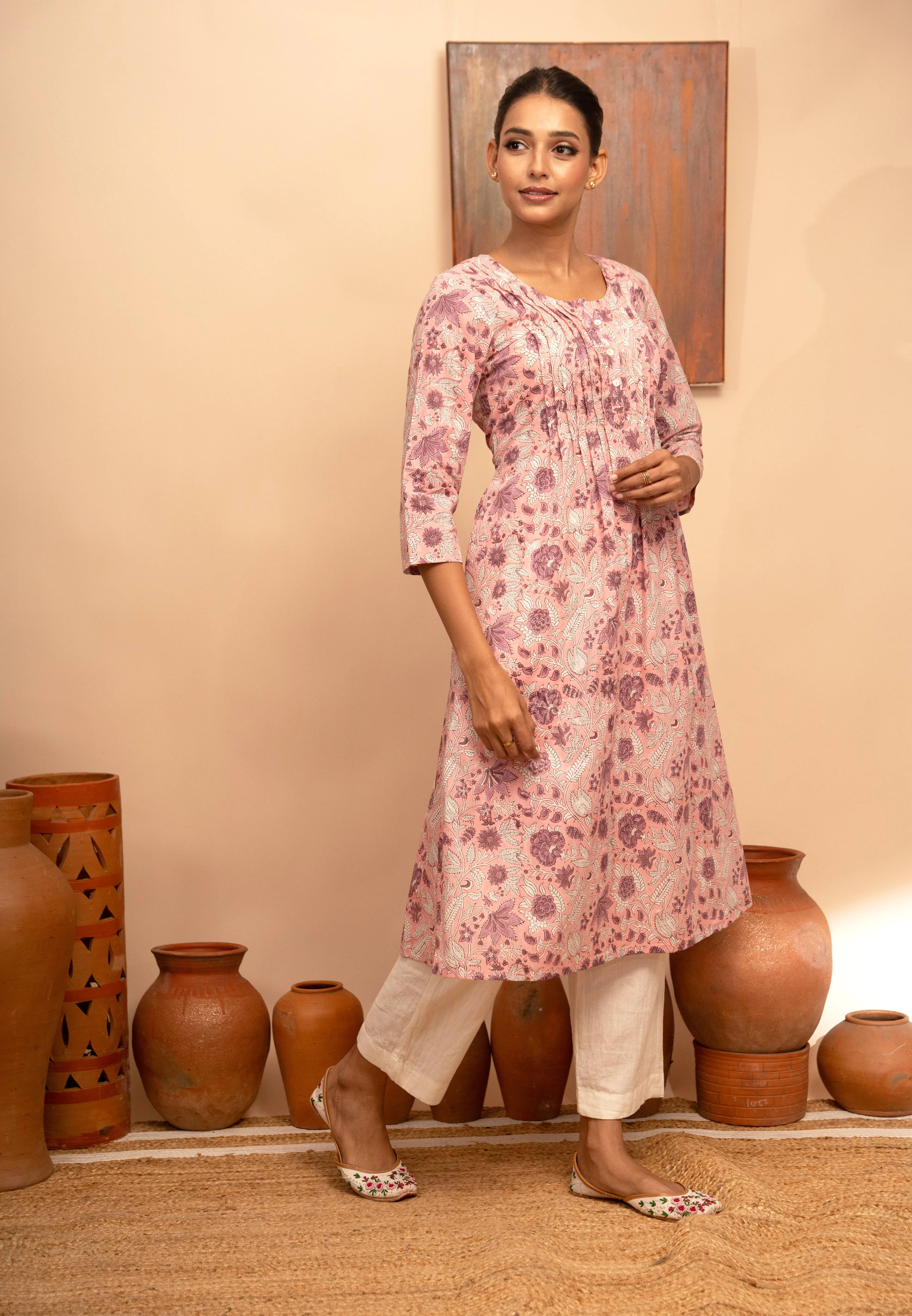 Womens Cotton Block-Printed Pintuck Detail Kurta - Arya collection