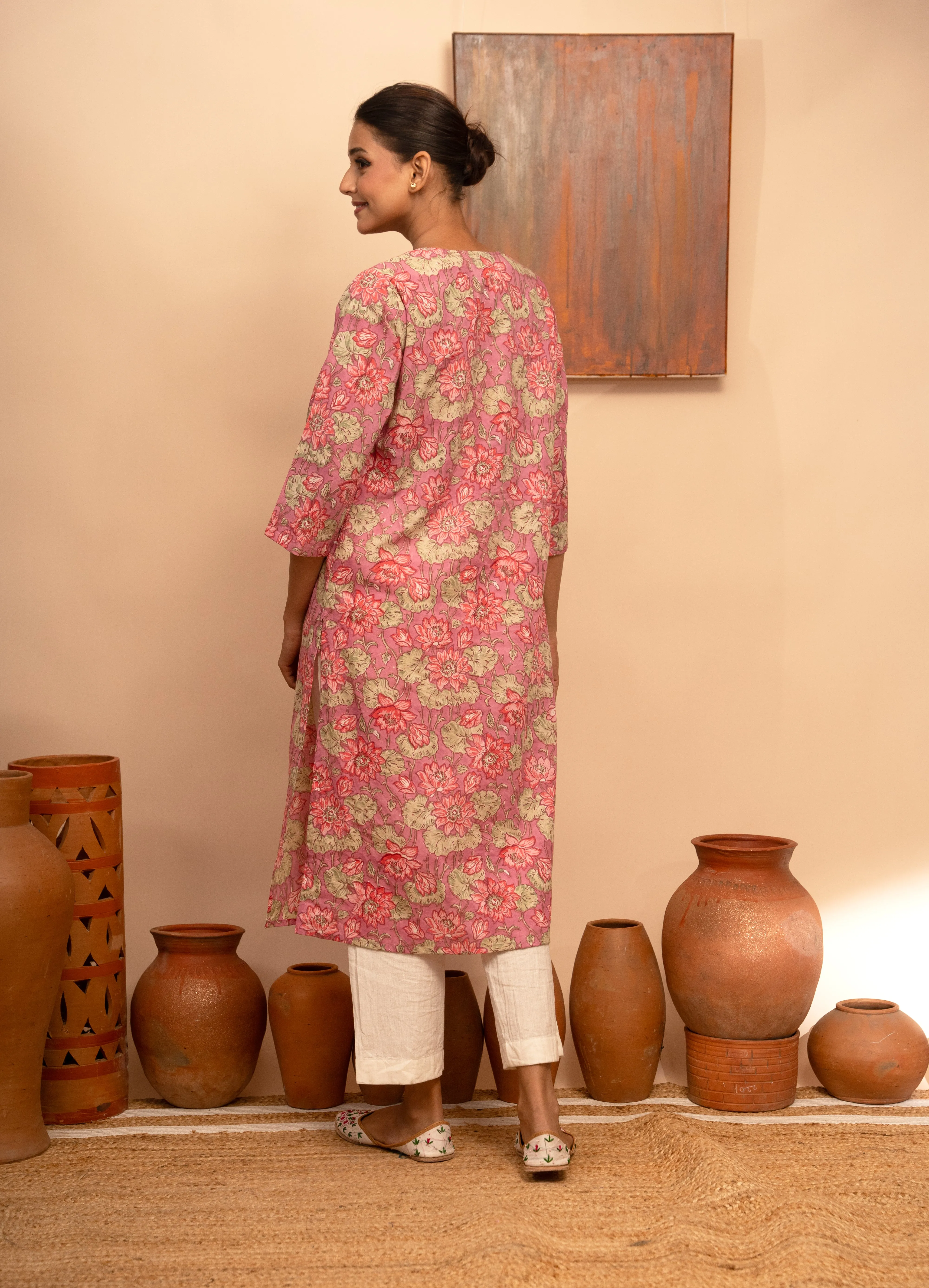 Womens Cotton Block-Printed Pintuck Detail Kurta - Arya collection