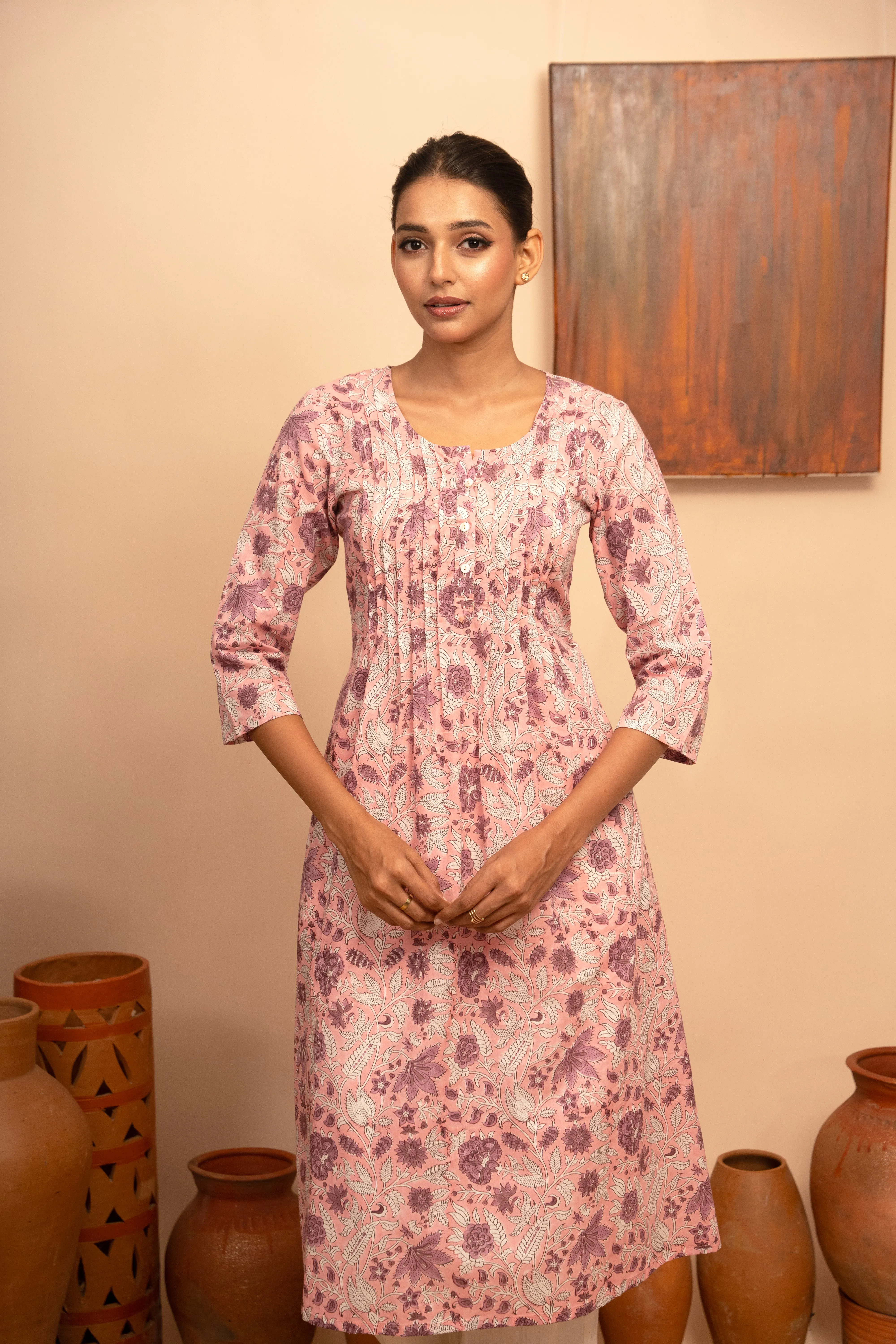 Womens Cotton Block-Printed Pintuck Detail Kurta - Arya collection
