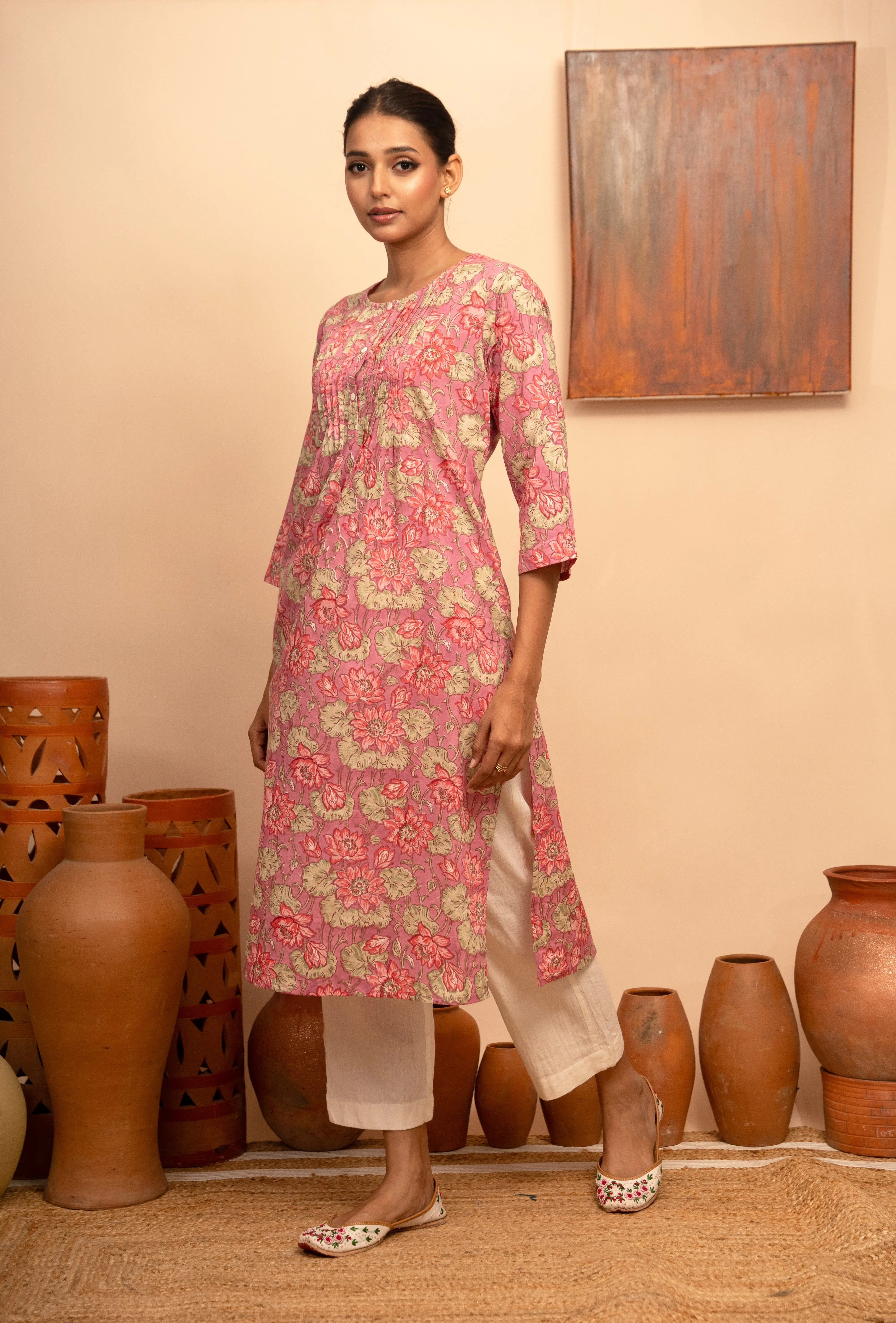 Womens Cotton Block-Printed Pintuck Detail Kurta - Arya collection