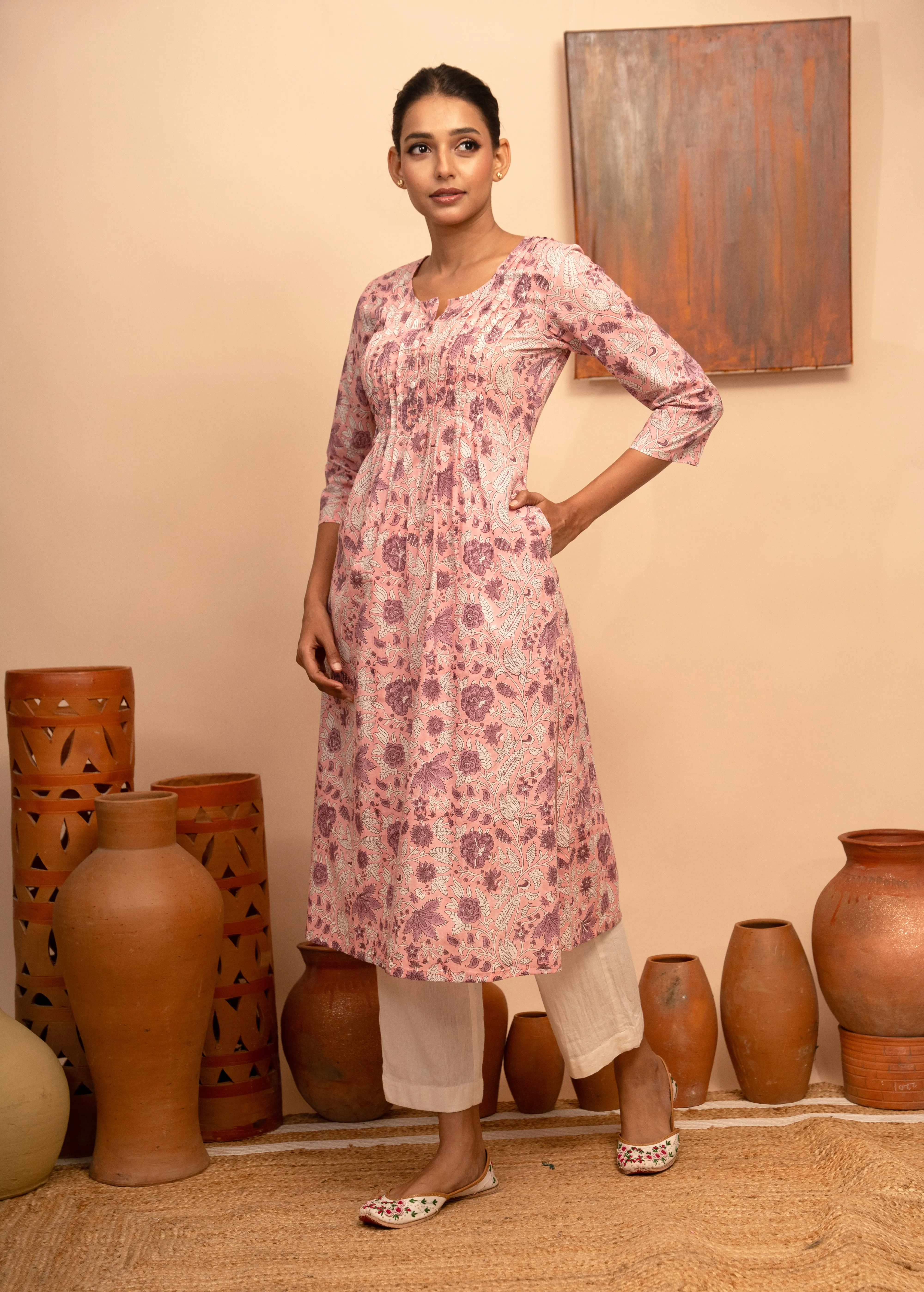 Womens Cotton Block-Printed Pintuck Detail Kurta - Arya collection