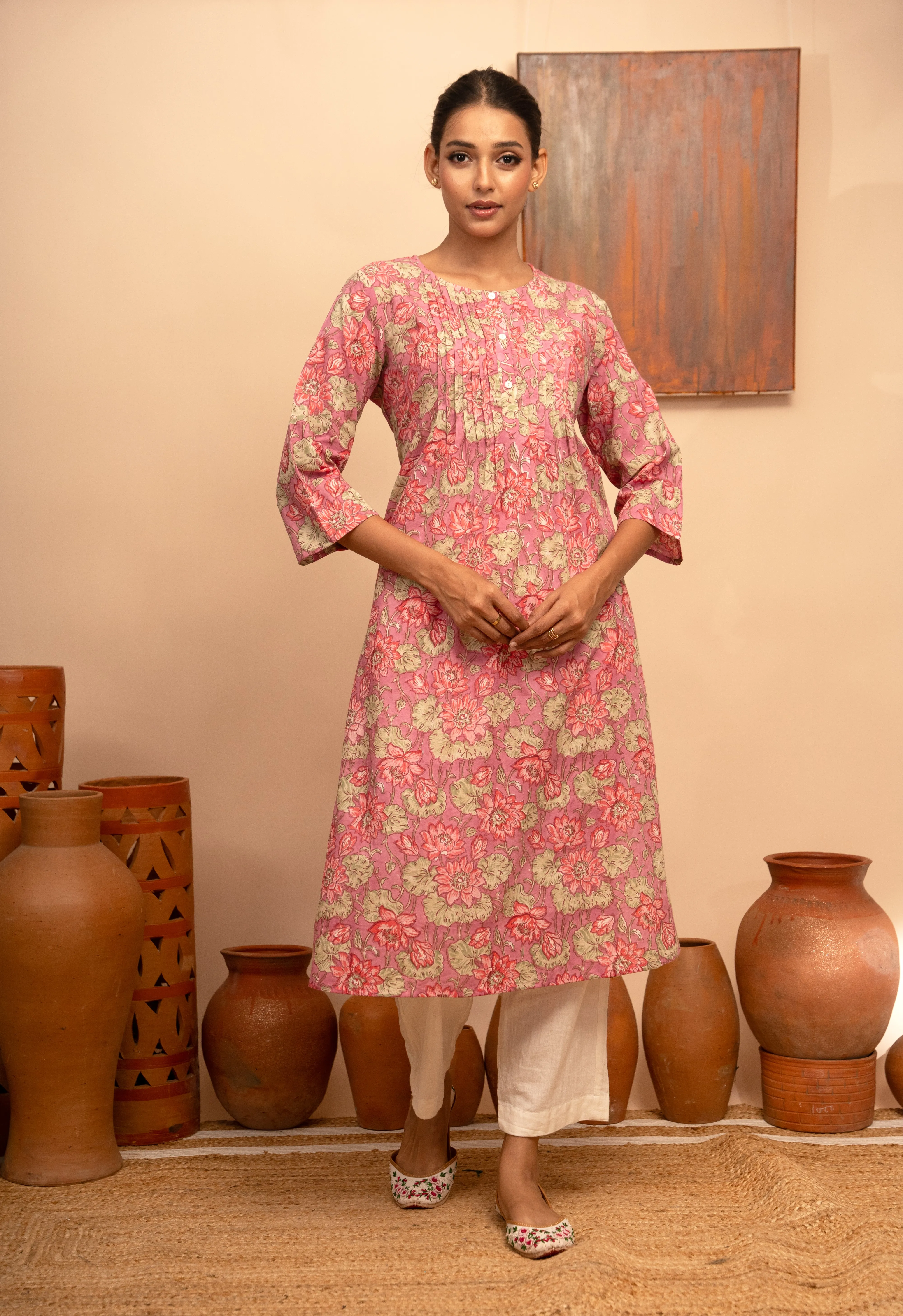 Womens Cotton Block-Printed Pintuck Detail Kurta - Arya collection