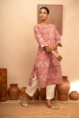 Womens Cotton Block-Printed Pintuck Detail Kurta - Arya collection